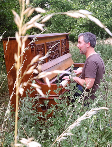 Foto: Jens Wenzel spielt Klavier auf einer Wiese